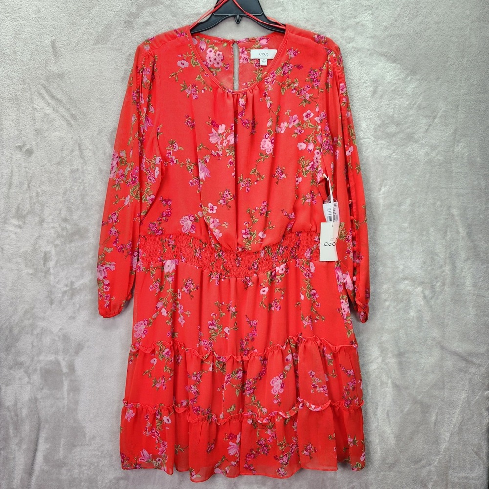 CeCe‎ Dress Womens Plus 3X Scarlet Glow Floral Print Cold Shoulder Tiered Dress